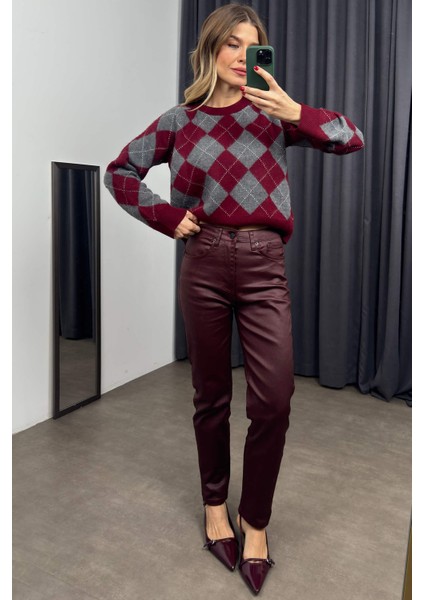 Bordo Mumlu Yüksek Bel Skinny Pantolon modelleri