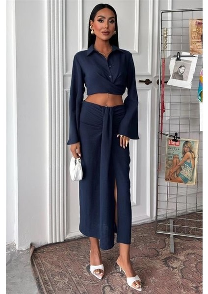 Crop Gömlekli ve Eteği Büzgülü Tasarım Takım 10195