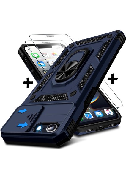 Apple iPhone 16E Kılıf Kamera Korumalı Sürgülü Yüzüklü Armor Tank Kapak + 1 Adet 9h Ekran Koruyucu Cam Set