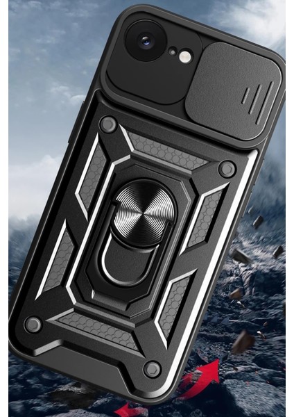 Apple iPhone 16E Kılıf Kamera Korumalı Sürgülü Yüzüklü Armor Tank Kapak + 1 Adet 9h Ekran Koruyucu Cam Set