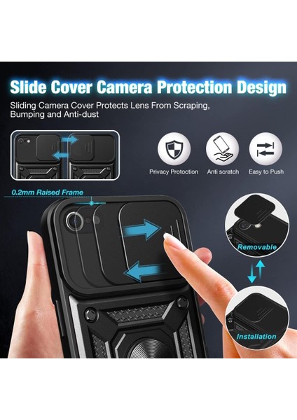 Apple iPhone 16E Kılıf Kamera Korumalı Sürgülü Yüzüklü Armor Tank Kapak + 1 Adet 9h Ekran Koruyucu Cam Set