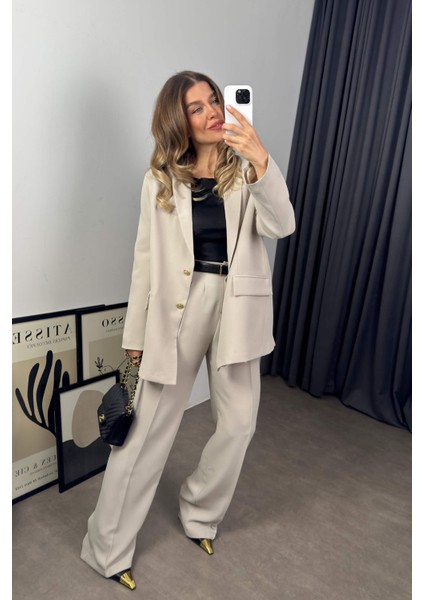 Taş Rengi Oversize Ceket Pantolon Premium Takım