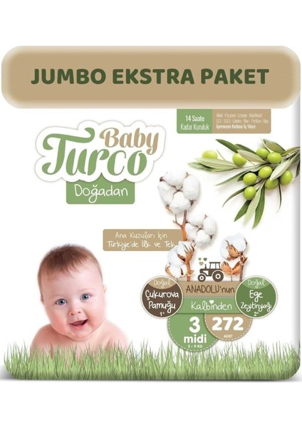 Bebek Bezi Doğadan Beden:3 (5-9kg) Midi 272 Adet Jumbo Ekstra Pk