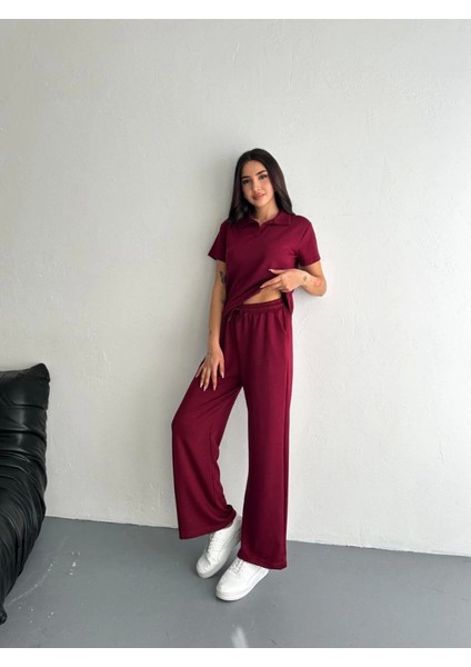 Osy Modal Yumuşak Dokulu Kumaş Kısa Kollu Yakalı T-Shirt Pantalon Ikili Takım- Bordo