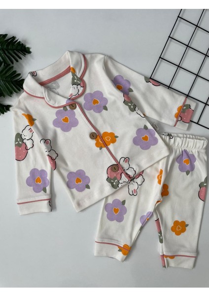 Tavşan ve Çiçek Desenli Kız Bebek Pijama Takımı