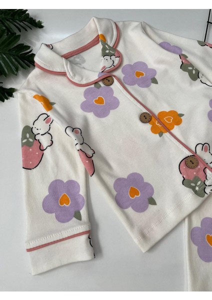 Tavşan ve Çiçek Desenli Kız Bebek Pijama Takımı