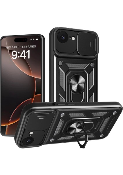 Apple iPhone 16E Kılıf Kamera Korumalı Sürgülü Dönebilen Yüzüklü Armor Military Tank Kızaklı Kapak