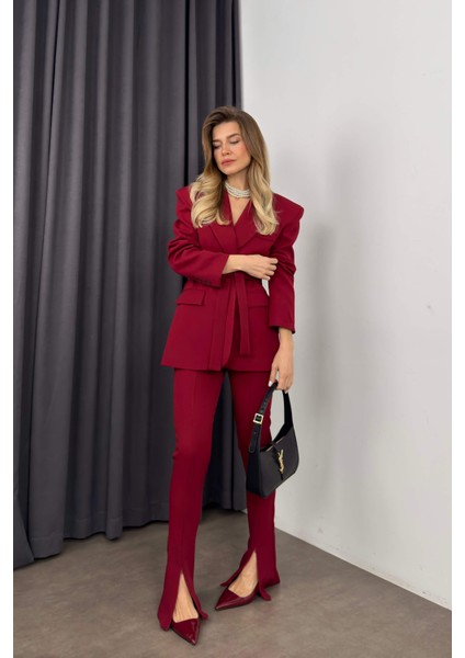 Bordo Özel Tasarım Kuşaklı Blazer Ceket Pantolon Takım