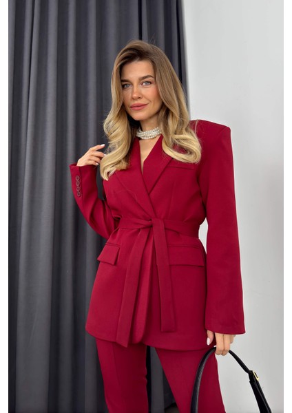 Bordo Özel Tasarım Kuşaklı Blazer Ceket Pantolon Takım fiyatları