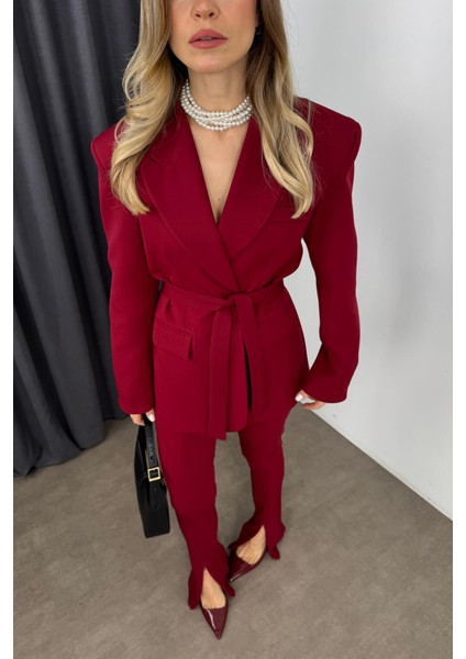 Bordo Özel Tasarım Kuşaklı Blazer Ceket Pantolon Takım modelleri