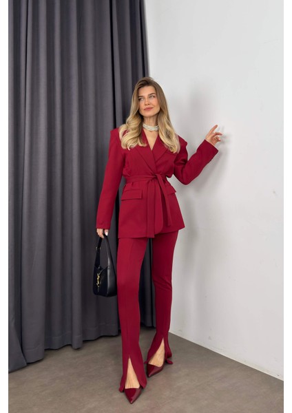 Bordo Özel Tasarım Kuşaklı Blazer Ceket Pantolon Takım fırsatları
