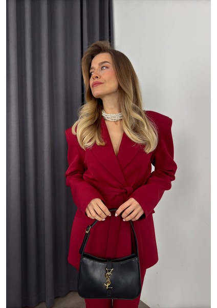 Bordo Özel Tasarım Kuşaklı Blazer Ceket Pantolon Takım indirimleri