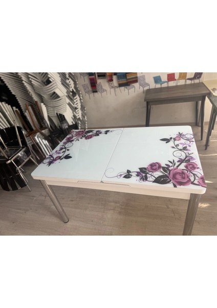 Yanlardan Açılır Büyüyen Kelebek Cam Mutfak Masası 80 cm x 130 cm Lila Gül