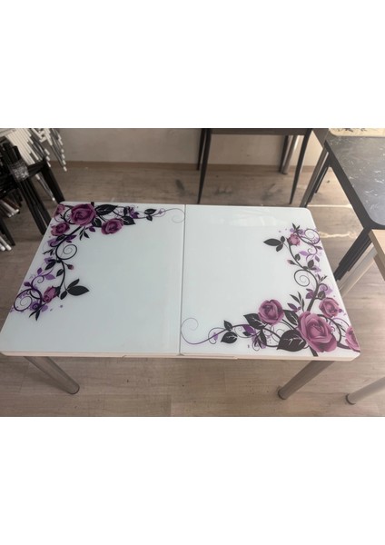 Yanlardan Açılır Büyüyen Kelebek Cam Mutfak Masası 80 cm x 130 cm Lila Gül