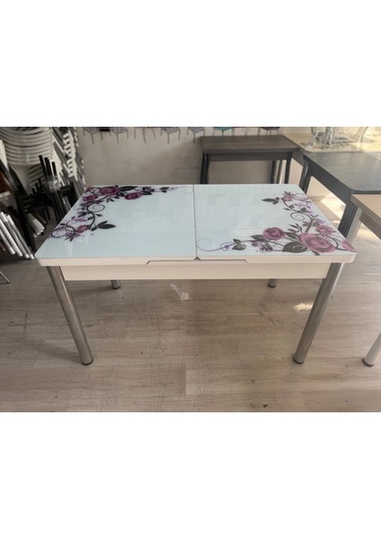 Yanlardan Açılır Büyüyen Kelebek Cam Mutfak Masası 80 cm x 130 cm Lila Gül