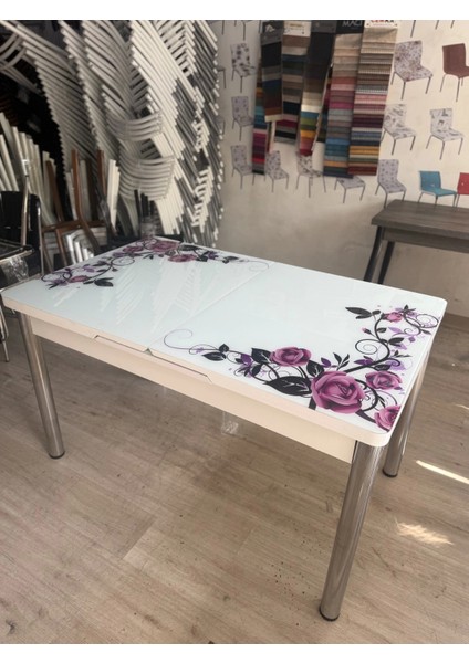 Yanlardan Açılır Büyüyen Kelebek Cam Mutfak Masası 80 cm x 130 cm Lila Gül