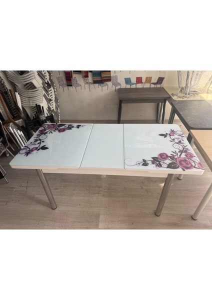 Yanlardan Açılır Büyüyen Kelebek Cam Mutfak Masası 80 cm x 130 cm Lila Gül