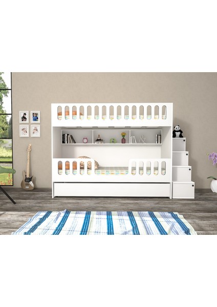 Yakamoz Yavrulu Seyyar Merdivenli Ranza Beyaz 90 x 190 cm Iç Yatak Ölçülü