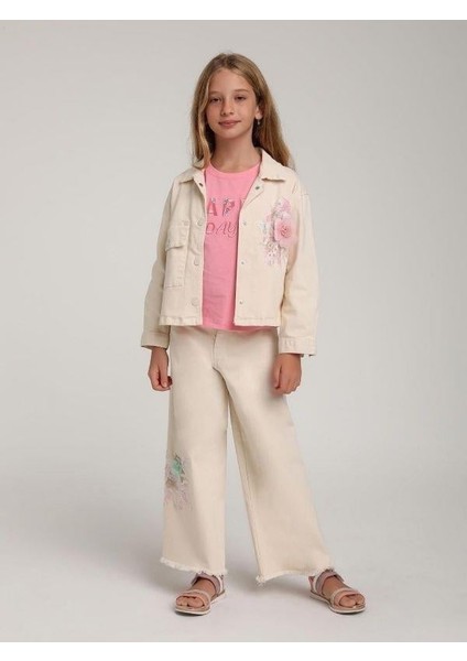 Kız Çocuk Tasarım Çiçek Nakışlı Likralı Kot Pantolon