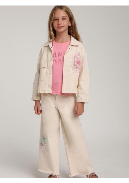 Kız Çocuk Tasarım Çiçek Nakışlı Likralı Kot Pantolon indirimleri