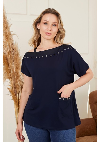 Yaka ve Cep Zımba Detaylı Büyük Beden Lacivert Tişört