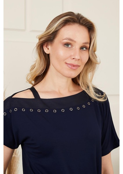 Yaka ve Cep Zımba Detaylı Büyük Beden Lacivert Tişört modelleri