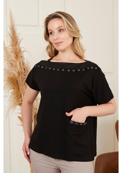 Yaka ve Cep Zımba Detaylı Büyük Beden Siyah Tişört fiyatları