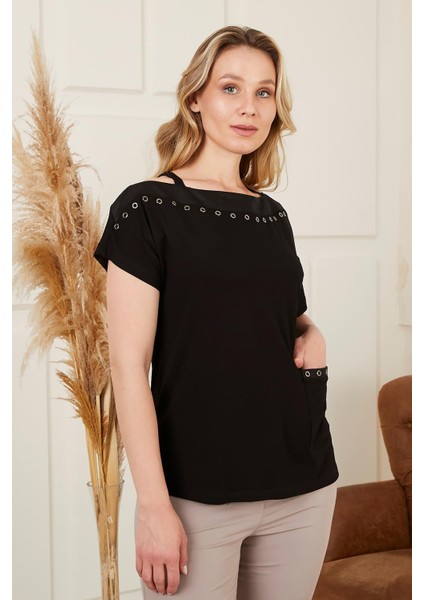 Yaka ve Cep Zımba Detaylı Büyük Beden Siyah Tişört modelleri