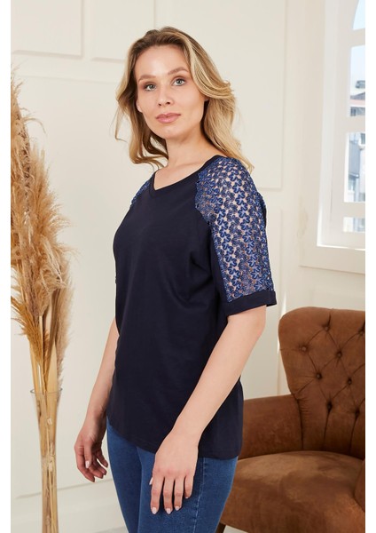 Omuz Dantel Detaylı Büyük Beden Lacivert Tişört modelleri