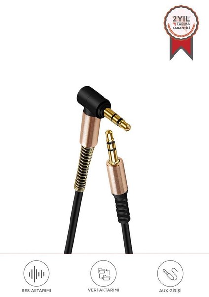 Xf-09 Siyah Altın Uçlu Araç Müzik Ses Kablosu Stereo Aux Akordiyon Kablo 3.5mm