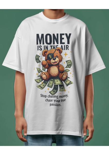 Money Is In The Air Ayıcık ve Dolar Baskılı Oversize Siyah&beyaz Erkek Tişört
