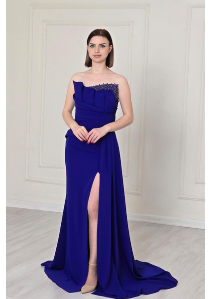 Saks Mavi Straplez Drapeli Abiye 5250