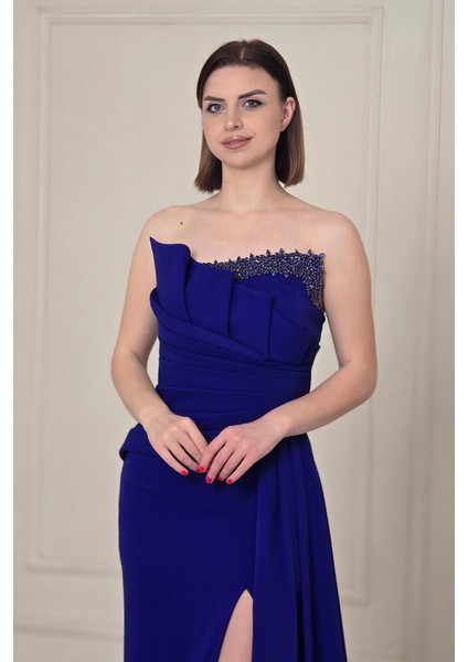 Saks Mavi Straplez Drapeli Abiye 5250