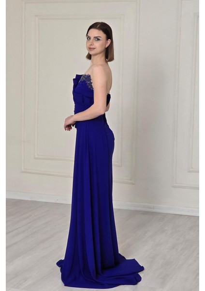 Saks Mavi Straplez Drapeli Abiye 5250