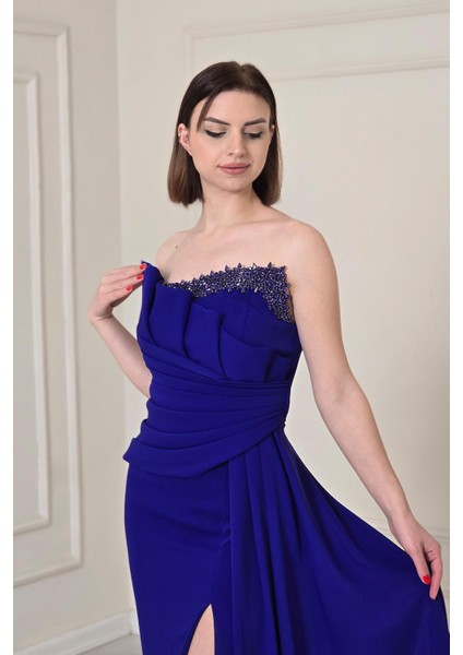 Saks Mavi Straplez Drapeli Abiye 5250