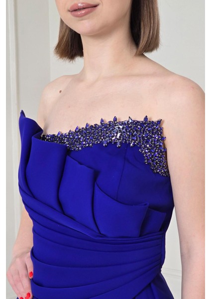 Saks Mavi Straplez Drapeli Abiye 5250