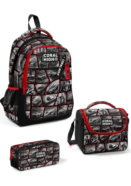 Kids Siyah Kırmızı Araba Desenli 3’lü Okul Çanta Seti SET0114429