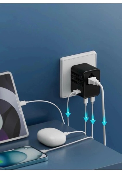 25W Evrensel Seyahat Adaptörü, Eu/us/uk/au Priz Dönüştürücü, 1x Usb, 2x Type-C Hızlı Şarj