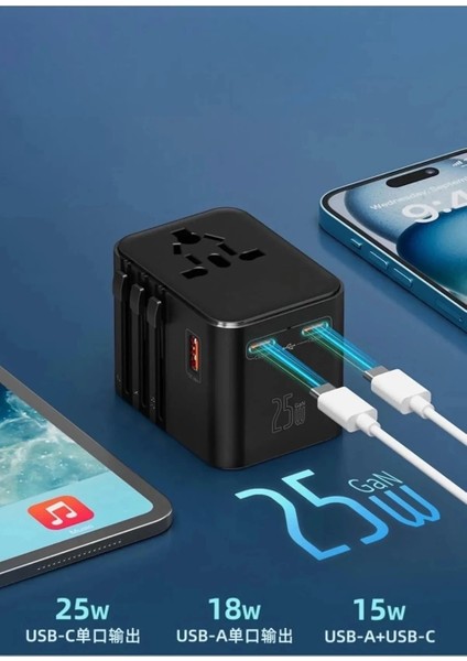 25W Evrensel Seyahat Adaptörü, Eu/us/uk/au Priz Dönüştürücü, 1x Usb, 2x Type-C Hızlı Şarj