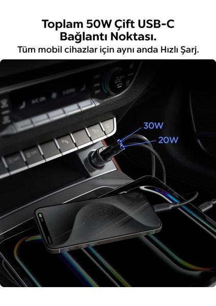 50W USB-C 2 Port Araç içi Hızlı Şarj Aleti Samsung PPS Destekli Akım Korumalı Güç Adaptörü iPhone & Android & iPad & MacBook Type-C PD 3.0 30W + 20W EV502 - ACP08523