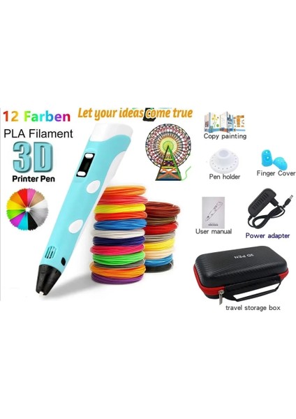3D Pen Üç Boyutlu Yazıcı Kalem Printer (12 Adet 3 Metre Filament -36 Metre LED Ekranlı Adatörlü