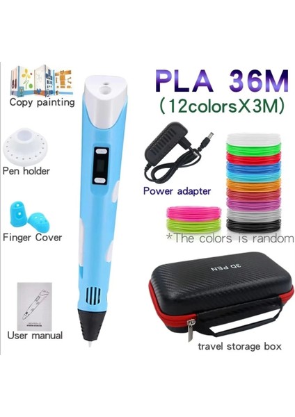 3D Pen Üç Boyutlu Yazıcı Kalem Printer (12 Adet 3 Metre Filament -36 Metre LED Ekranlı Adatörlü