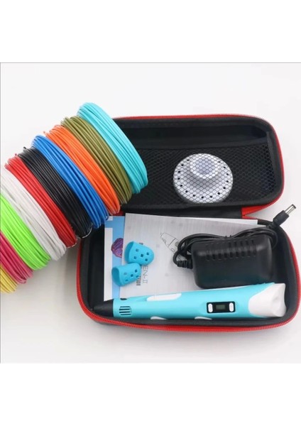 3D Pen Üç Boyutlu Yazıcı Kalem Printer (12 Adet 3 Metre Filament -36 Metre LED Ekranlı Adatörlü