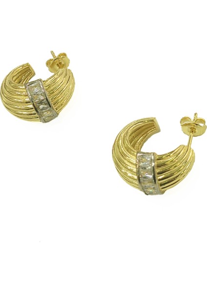 Yarım Ay Desenli Gümüş Küpe, Baget Taşlarla - Gold Renk fiyatları