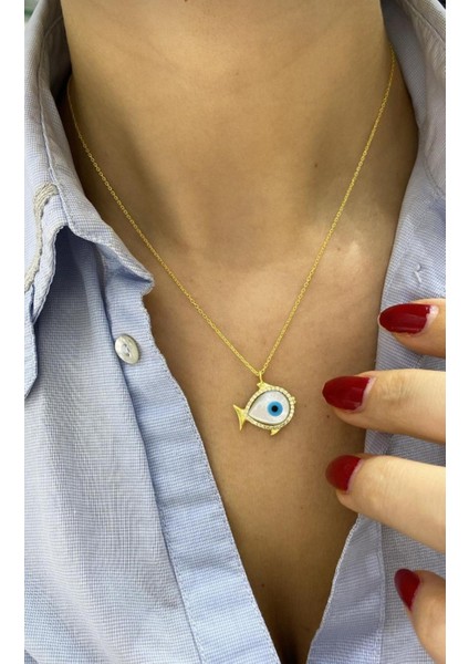 Opal Taşlı Balık Gümüş Kolye - Gold Renk