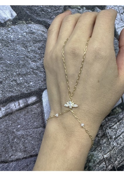 Doğal Inci ve Yusufçuk Motifli Gümüş Şahmeran – Zarif Bileklik - Gold Renk