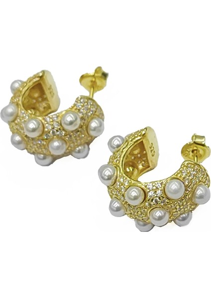 Incili Elegance Kalın Gümüş Halka Küpe - Gold Renk fiyatları