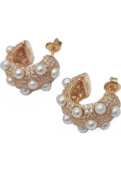 Incili Elegance Kalın Gümüş Halka Küpe - Gold Renk fırsatları