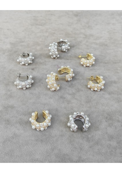 Incili Elegance Kalın Gümüş Halka Küpe - Gold Renk indirimleri