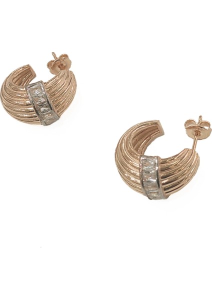 Yarım Ay Desenli Gümüş Küpe, Baget Taşlarla - Gold Renk fırsatları